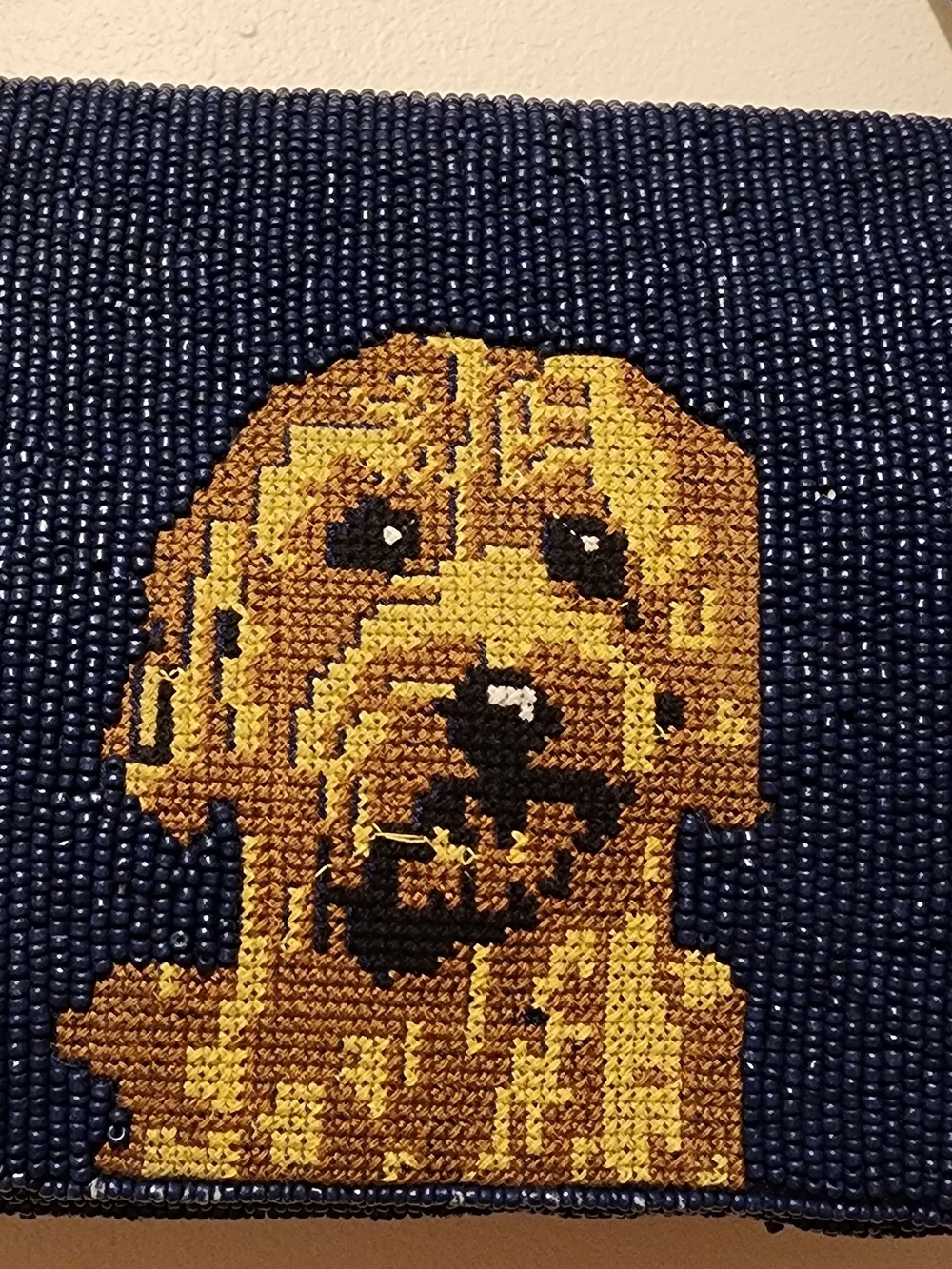 Blue Beaded Dog Tote Bag with Golden Dog Motif